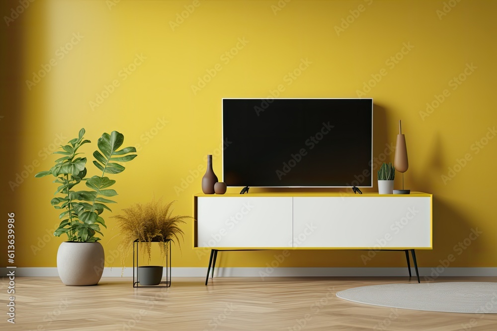 cozy living room with vibrant yellow walls and a modern flat screen TV. Generative AI