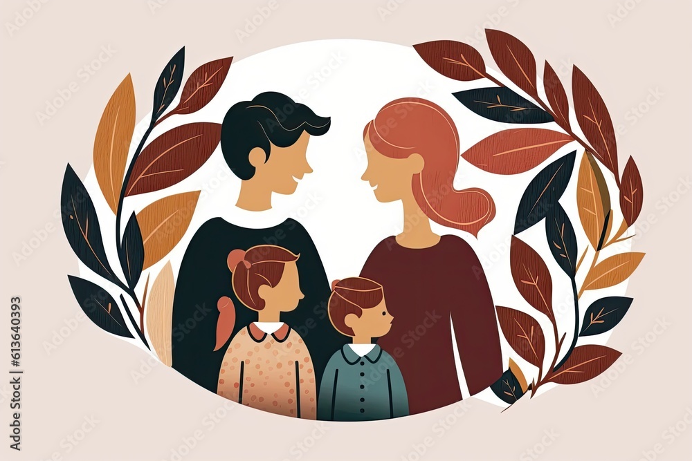 happy family standing in a circle surrounded by colorful autumn leaves. Generative AI