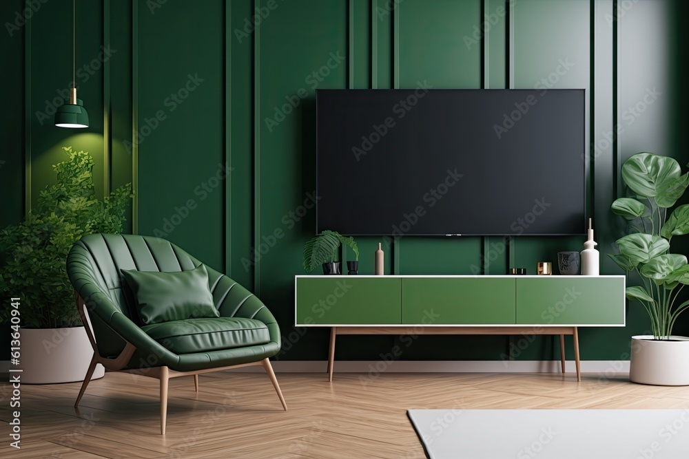 modern living room with green walls and a large screen TV. Generative AI