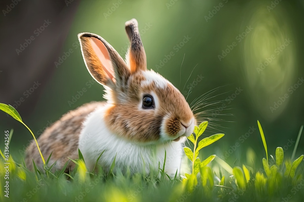 cute brown and white rabbit sitting in a field of grass. Generative AI