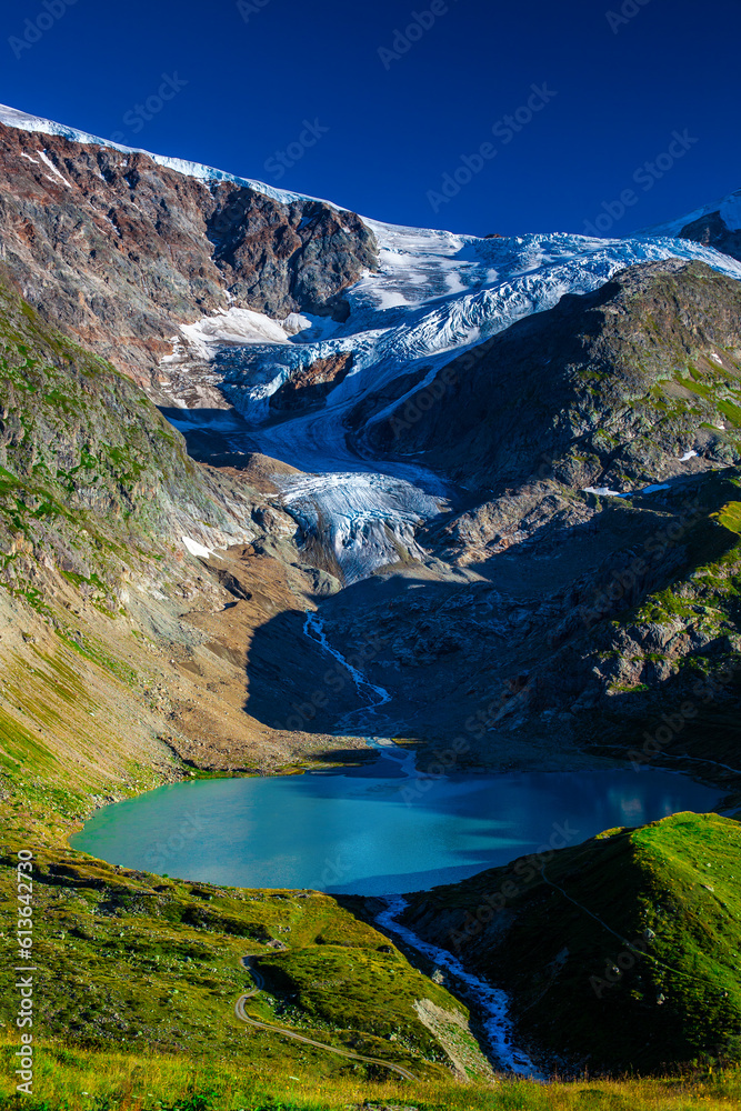 Swiss Alps mountains landscape with lake in summer