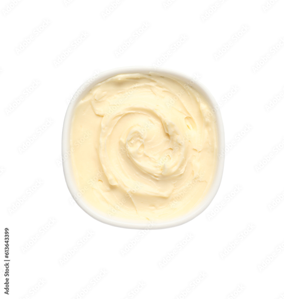 Bowl with tasty cream cheese on white background