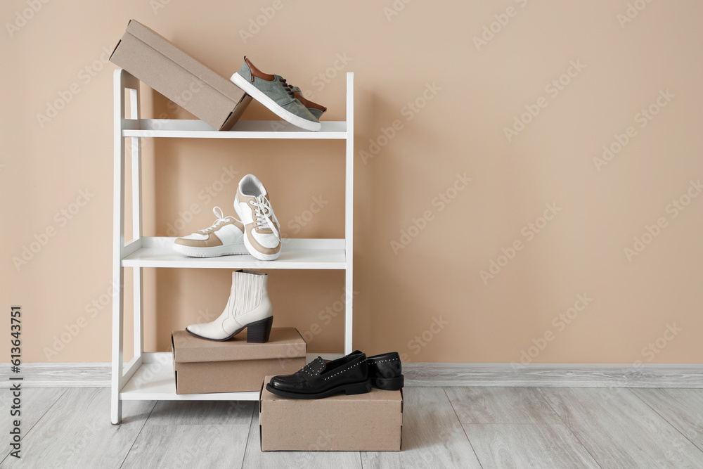 Shelving unit with cardboard boxes and different stylish shoes near color wall