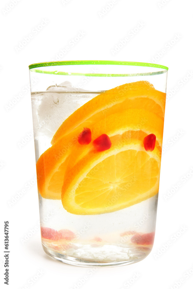 Glass of infused water with orange slices on white background