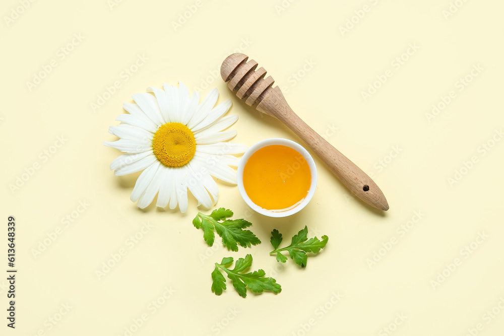 Composition with bowl of honey, dipper, chamomile flower and leaves on color background