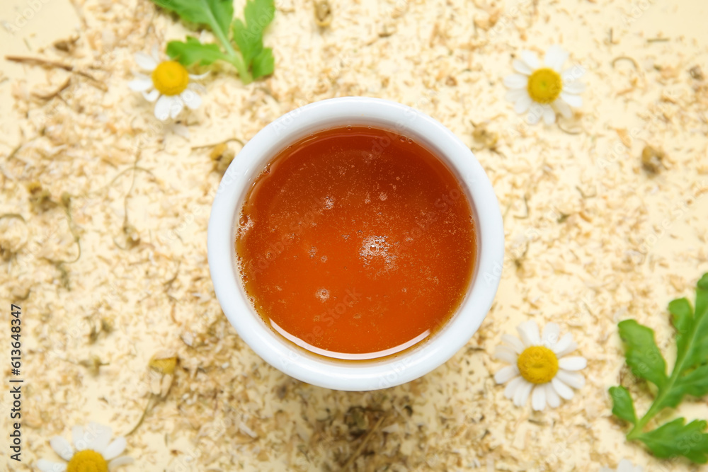 Composition with bowl of honey, fresh and dried chamomile flowers on color background