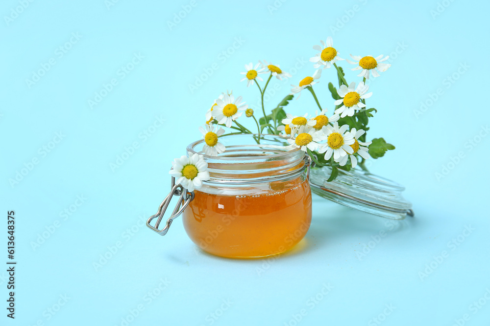 Glass jar of honey and fresh chamomile flowers on color background