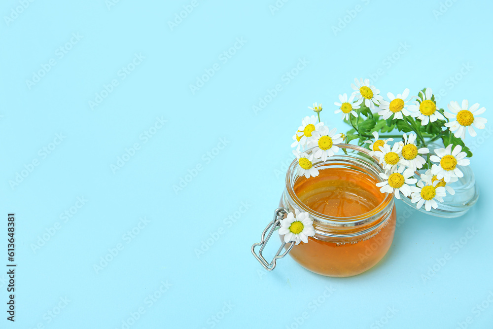 Glass jar of honey and fresh chamomile flowers on color background