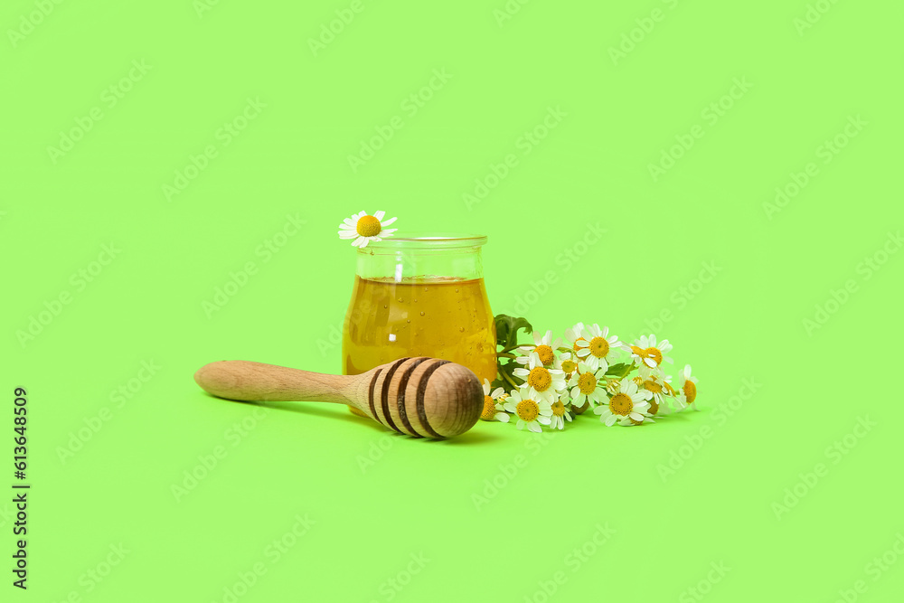 Jar of honey, dipper and fresh chamomile flowers on green background