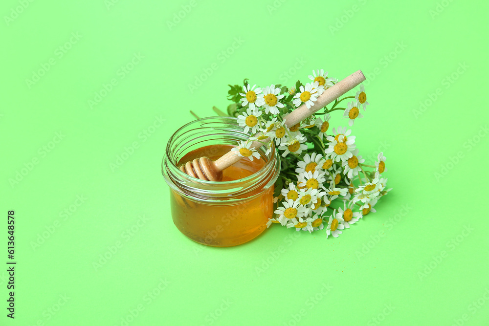 Jar of honey and fresh chamomile flowers on green background