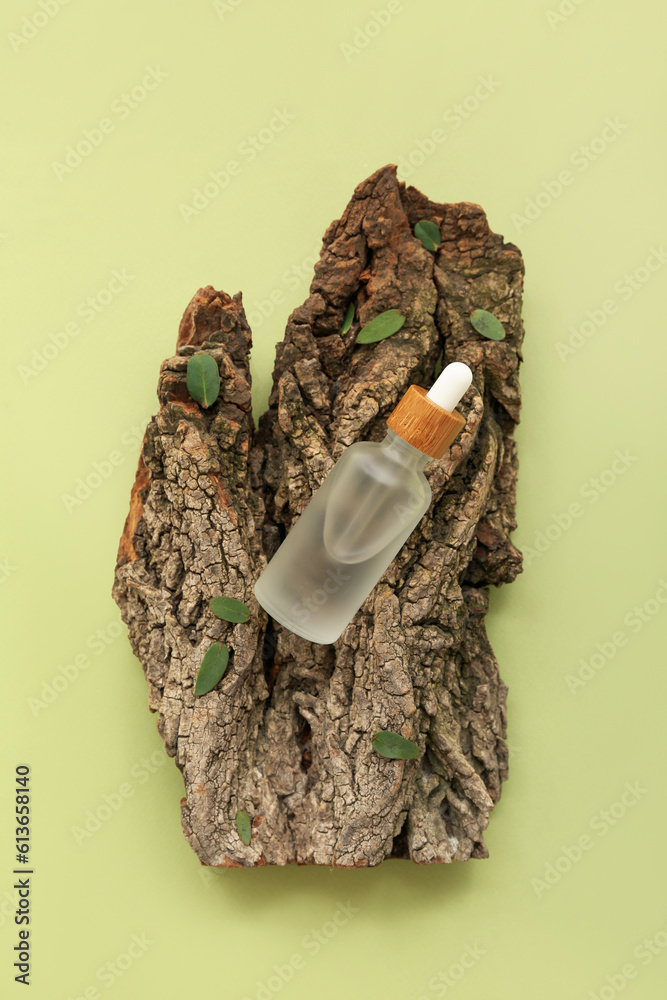 Bottle of essential oil, tree bark and plant leaves on green background