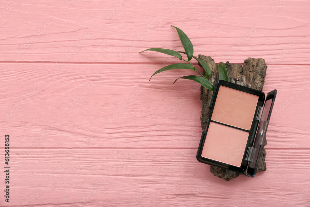 Blusher, tree bark and plant leaf on color wooden background