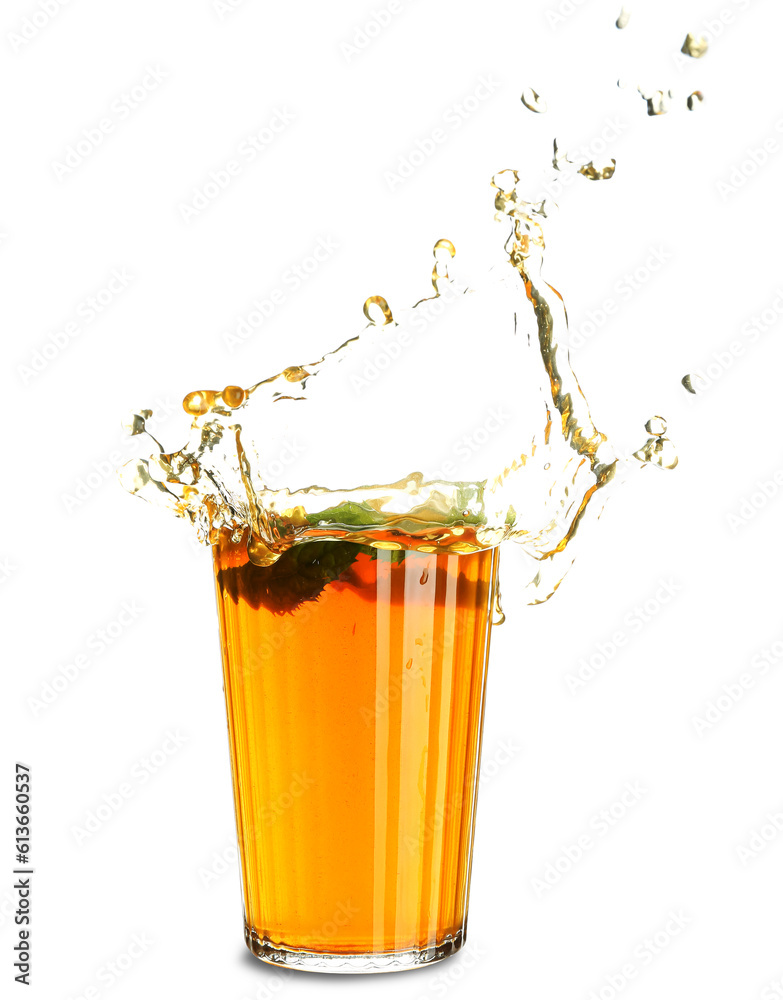 Glass of ice tea with splashes on white background