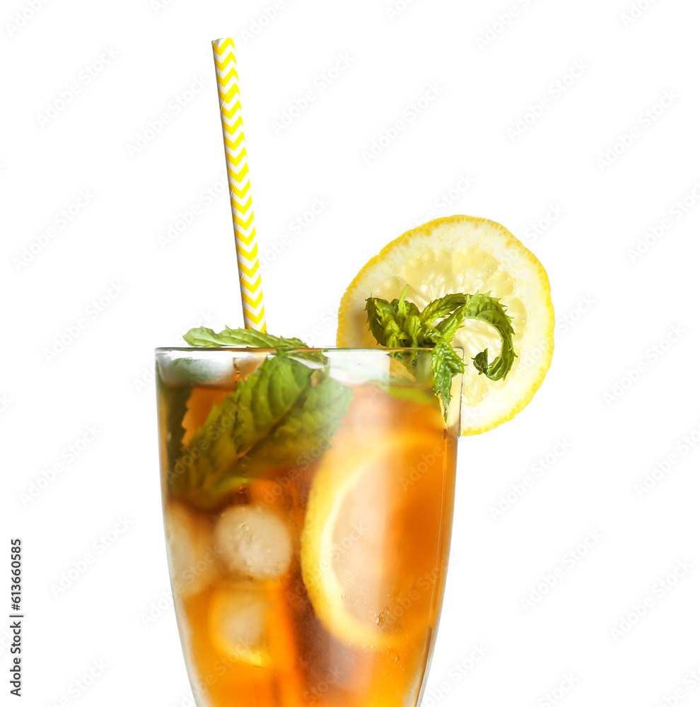 Glass of ice tea with lemon and mint on white background