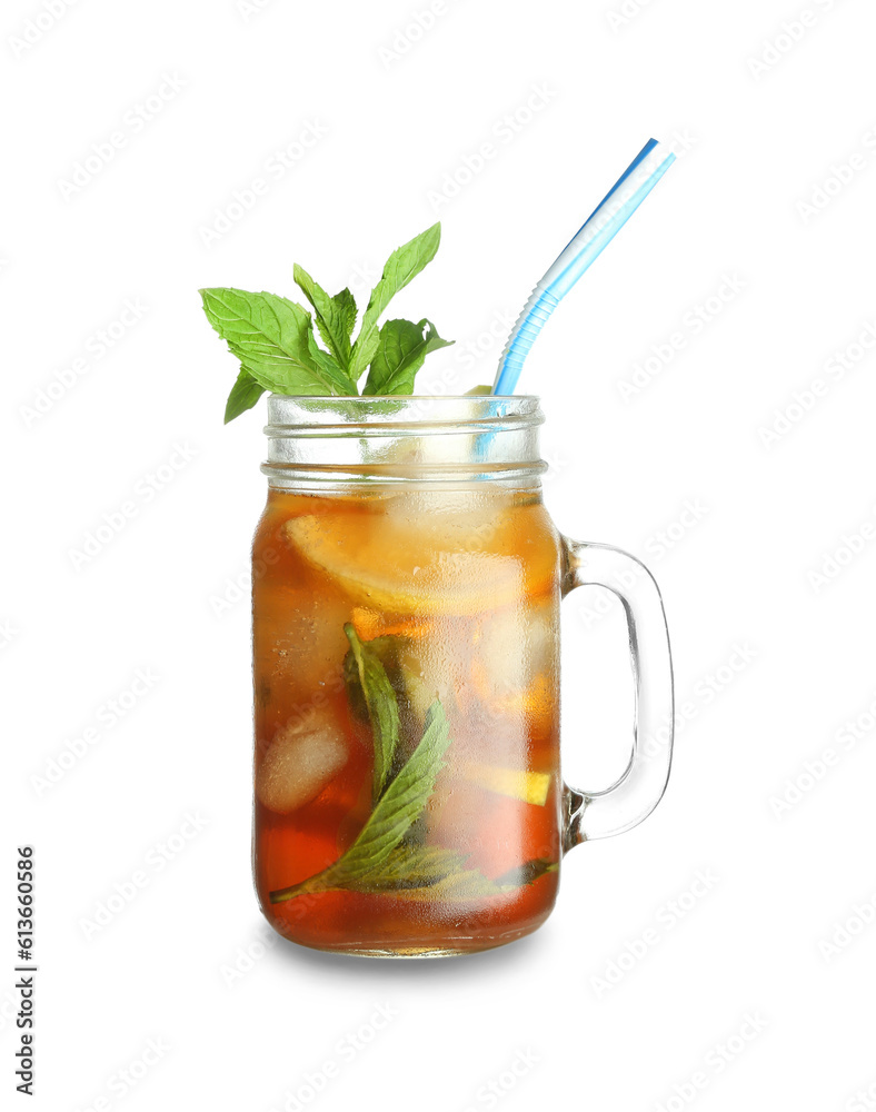 Mason jar of ice tea with lemon and mint on white background