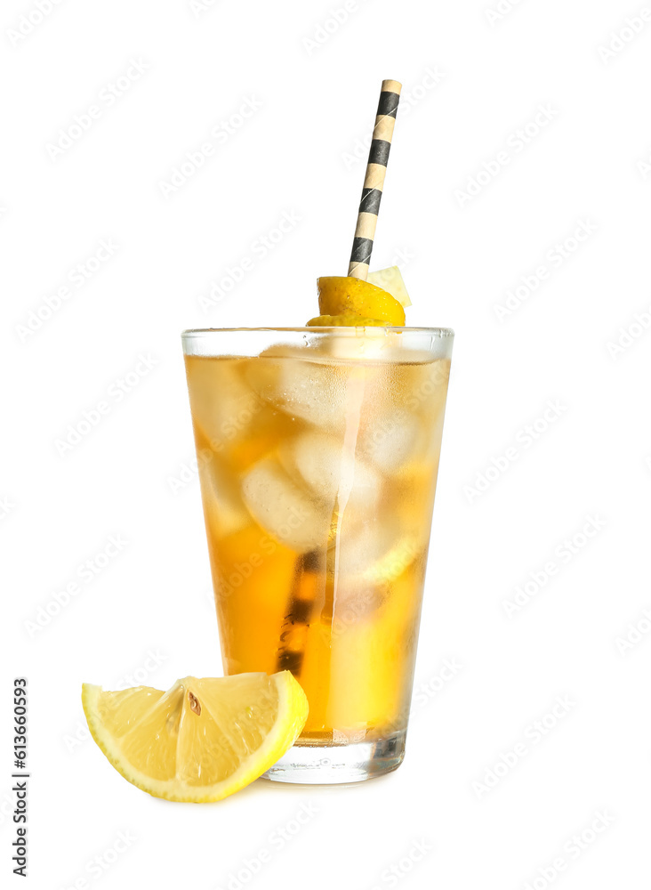 Glass of ice tea with lemon on white background