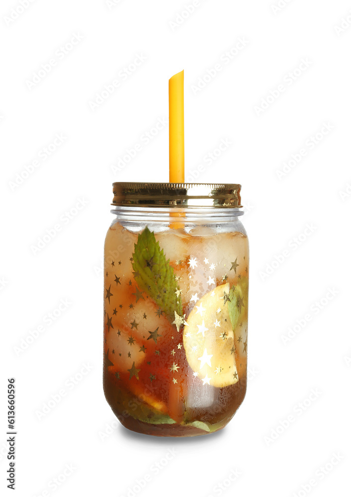 Mason jar of ice tea with lemon and mint on white background