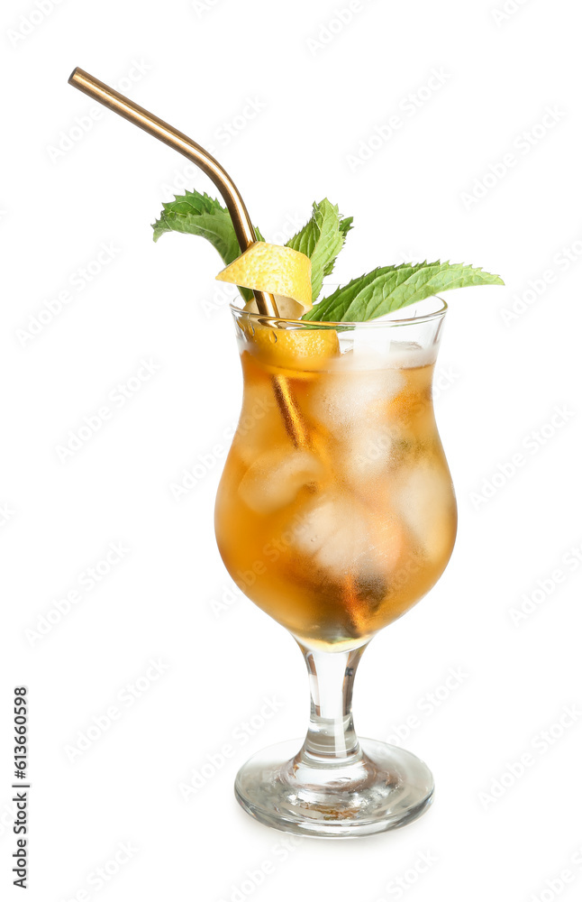 Glass of ice tea with lemon and mint on white background