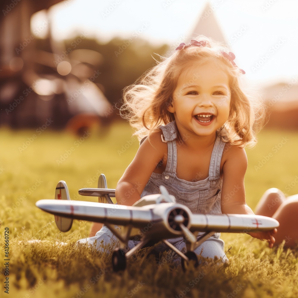 Happy little girl is playing with toy plane.