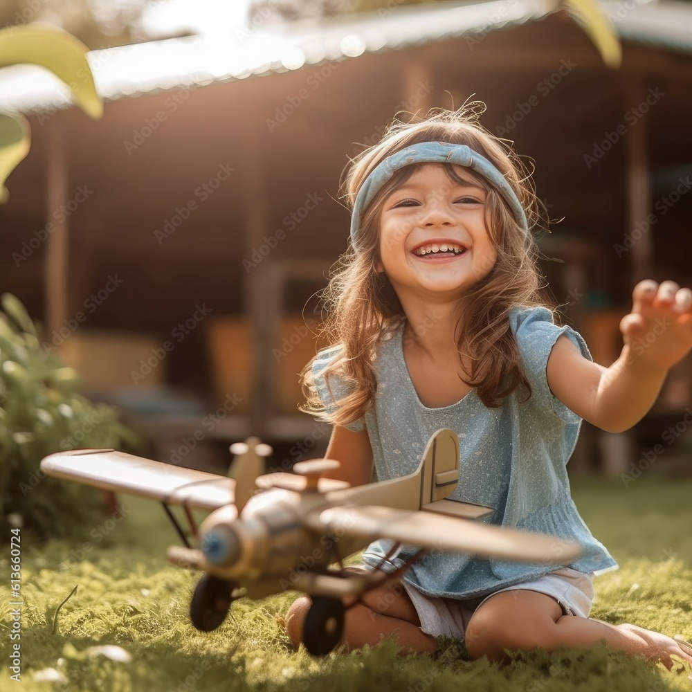 Little girl with airplane toy in the green field.