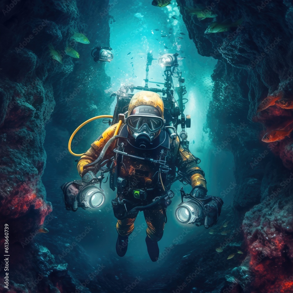 Scuba divers in the ocean, Underwater exploration.