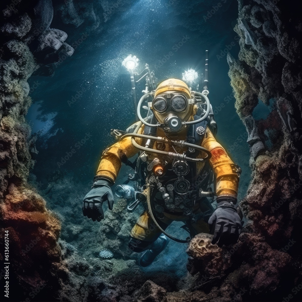 Scuba deep sea diver swimming in a deep ocean cavern, Underwater exploration.