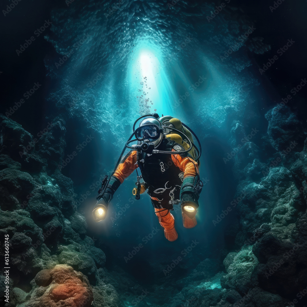 Diver underwater, Depth, Diving exploration in the sea.