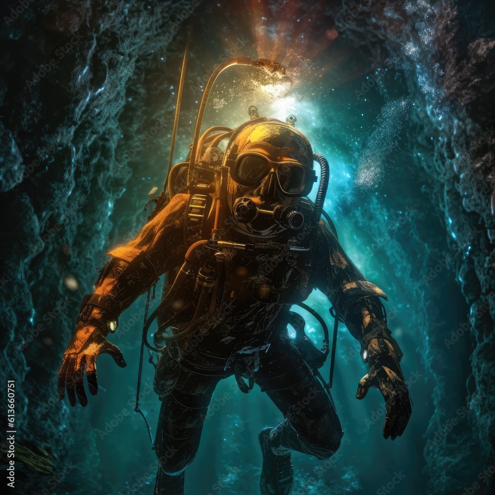 Scuba divers in the ocean, Underwater exploration.