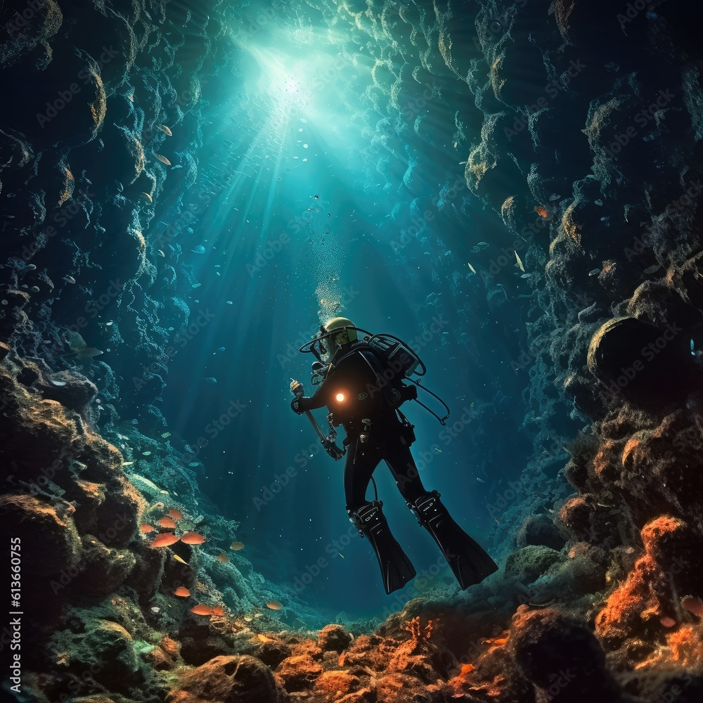 Scuba divers in the ocean, Underwater exploration.