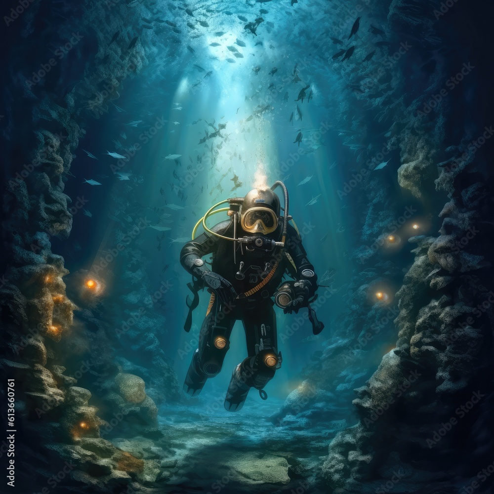 Scuba deep sea diver swimming in a deep ocean cavern, Underwater exploration.