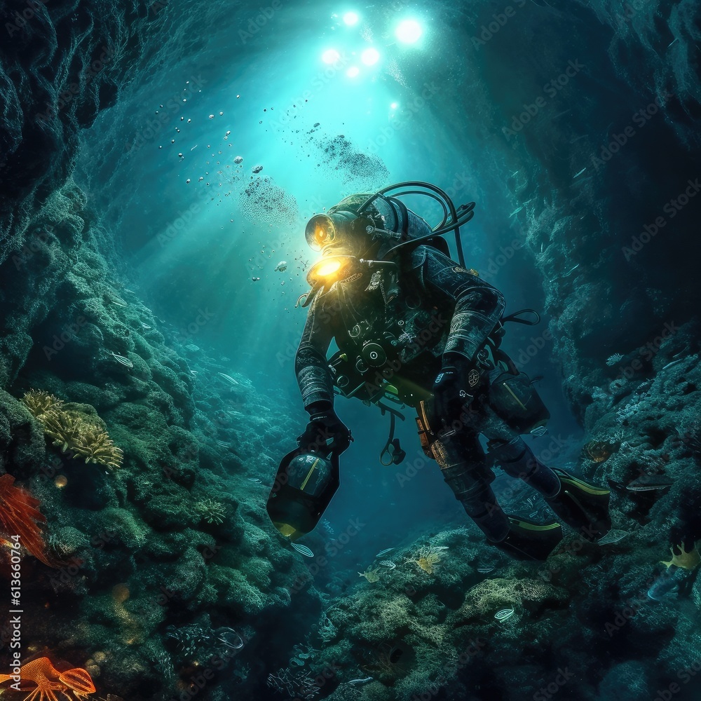 Scuba deep sea diver swimming in a deep ocean cavern, Underwater exploration.