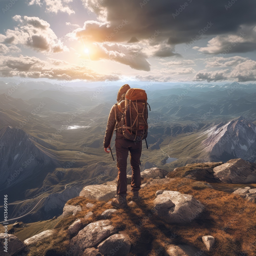 Man with backpack standing on the top of a mountain overlooking a stunning view.