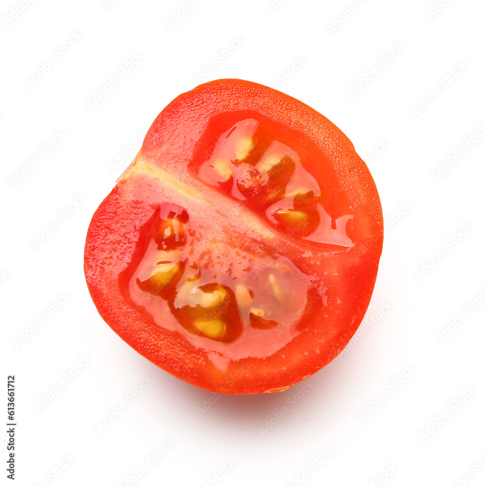 Slice of fresh cherry tomato on white background