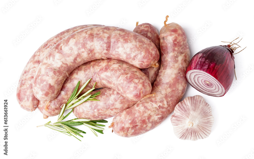 Raw fresh sausages, rosemary, onion and garlic on white background