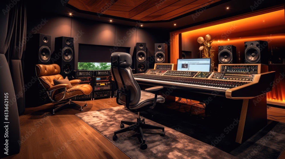 Modern recording studio, Music recording studio interior design, Song production workplace.