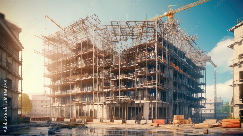 Scaffolding on the facade of a modern building, Block of apartments under construction.