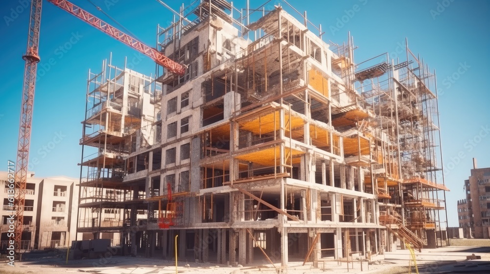 Scaffolding on the facade of a modern building, Block of apartments under construction.