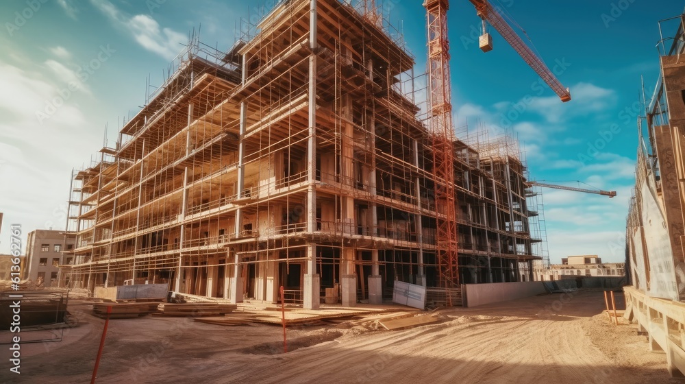 Building under construction, Extensive scaffolding providing platforms for work in progress on a new