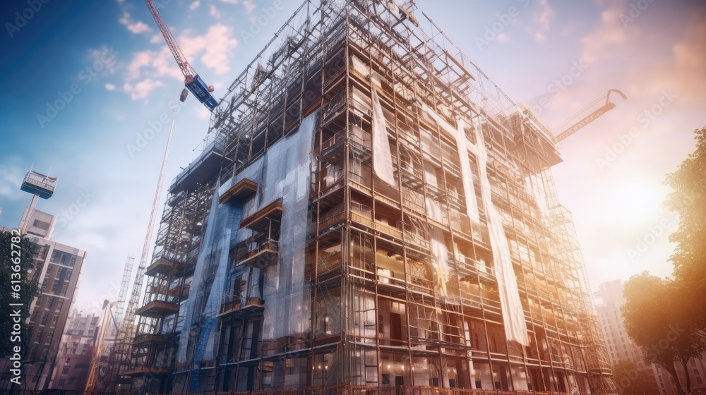 The building is under construction with scaffolding, High rise building under construction.