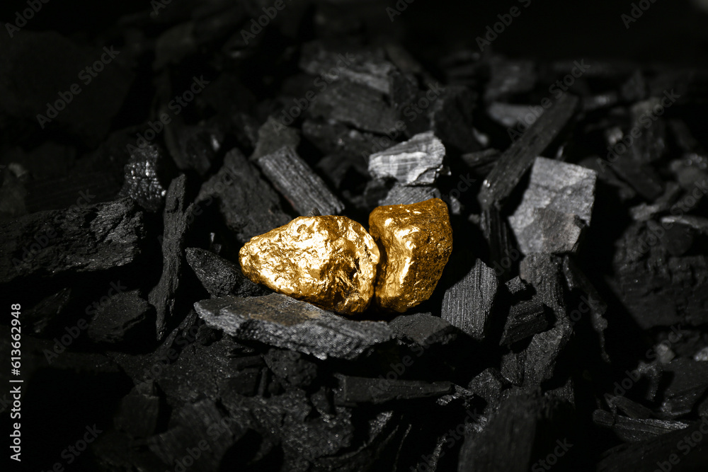 Golden nuggets on black charcoal