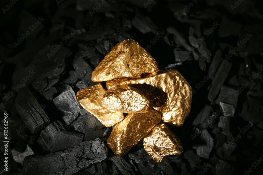 Golden nuggets on black charcoal