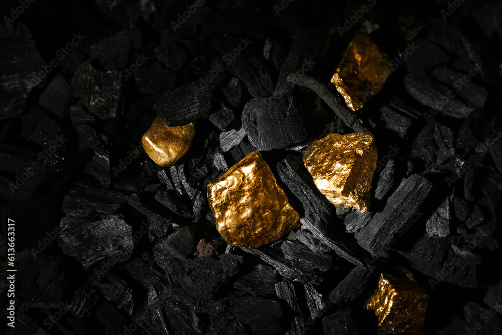 Golden nuggets on black charcoal