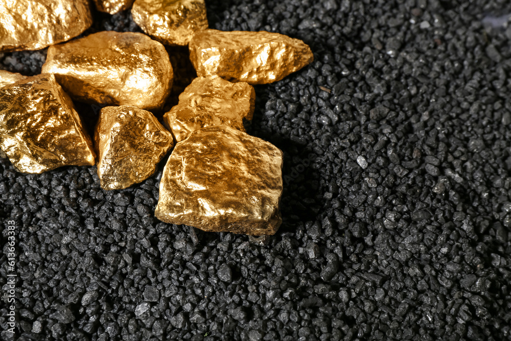 Golden nuggets on black coal, closeup