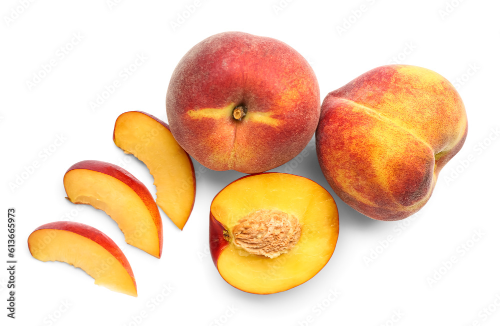 Cut sweet peach on white background