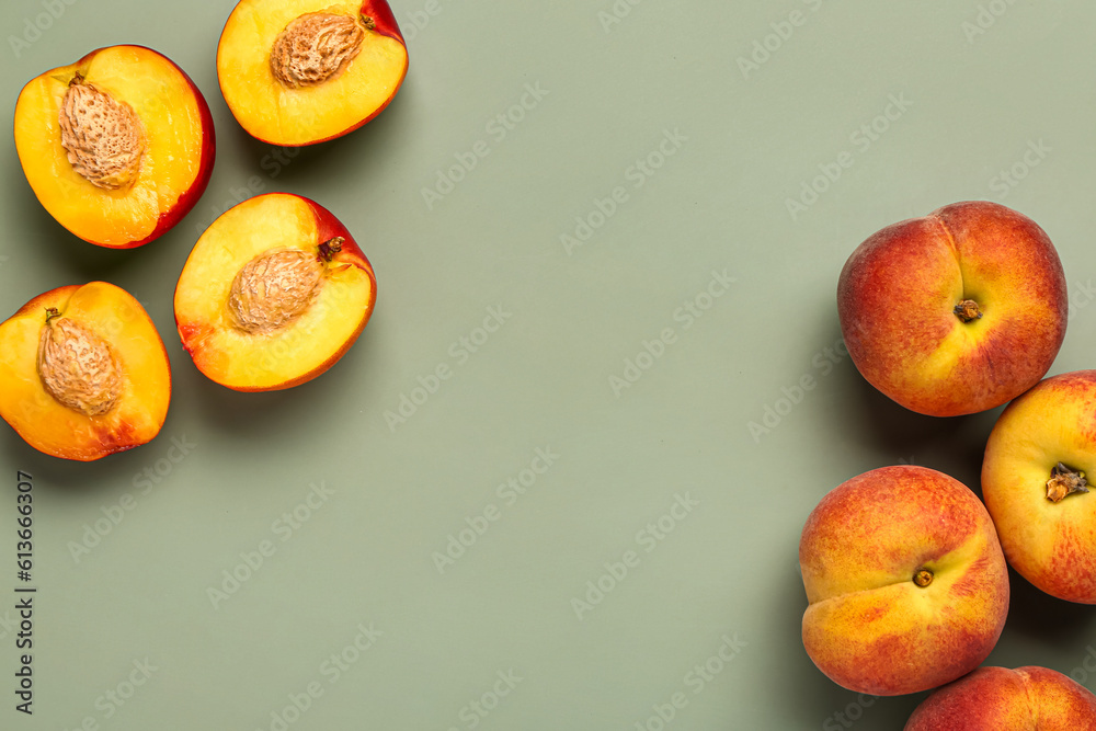 Many sweet peaches on grey background