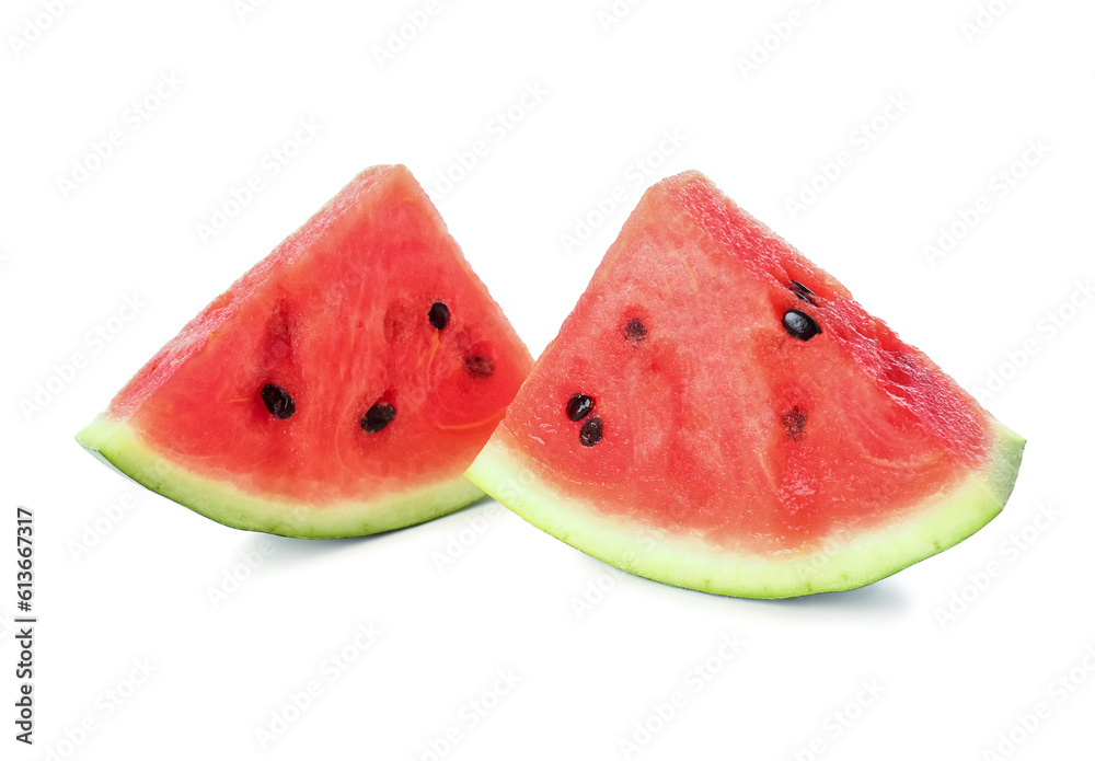 Pieces of fresh watermelon on white background