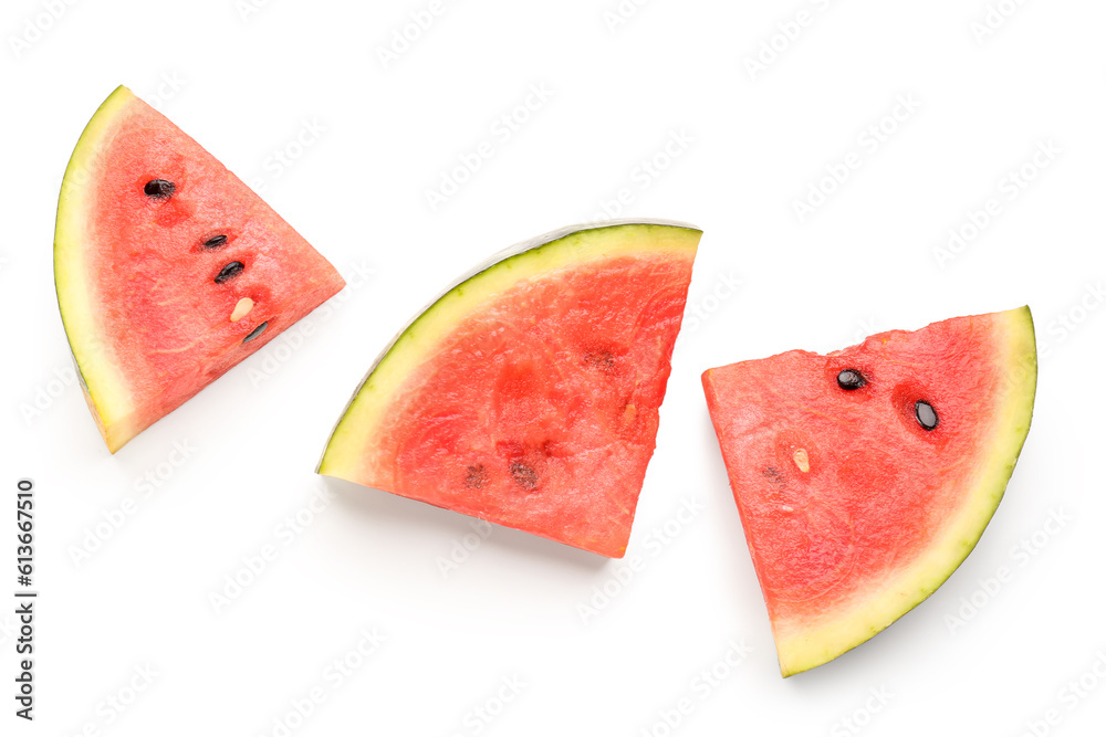 Pieces of fresh watermelon on white background