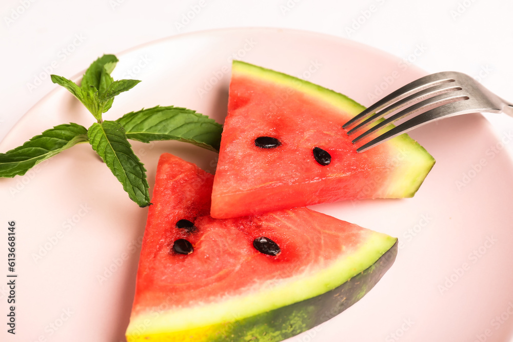 Plate with pieces of fresh watermelon and mint, closeup