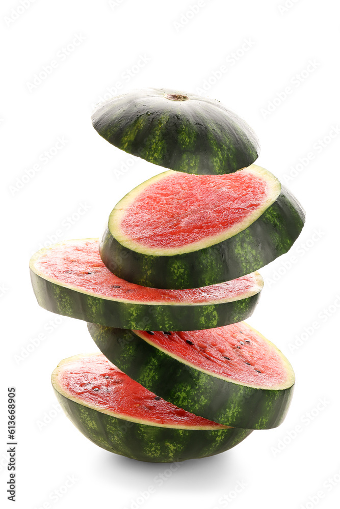 Pieces of fresh watermelon on white background