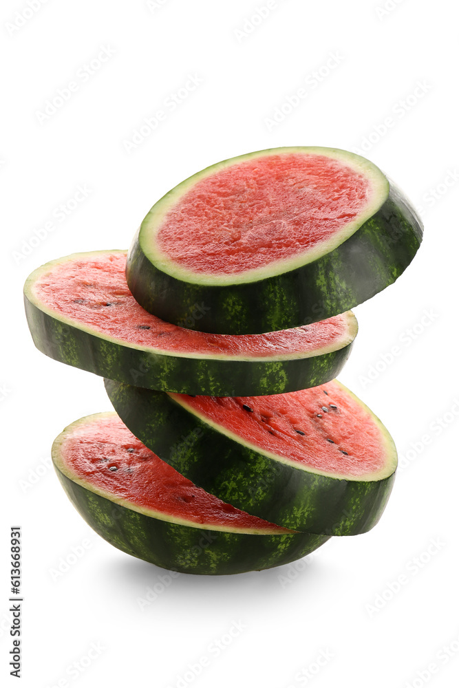 Pieces of fresh watermelon on white background